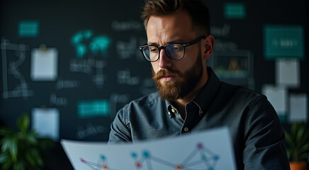 Wall Mural - A man with glasses is looking at a piece of paper with a lot of circles on it