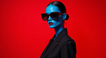 Sticker - A woman wearing sunglasses and a red background