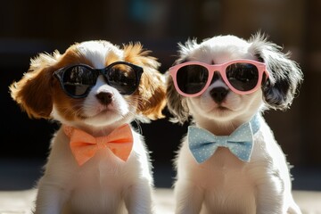 two small dogs wearing sunglasses and bow ties