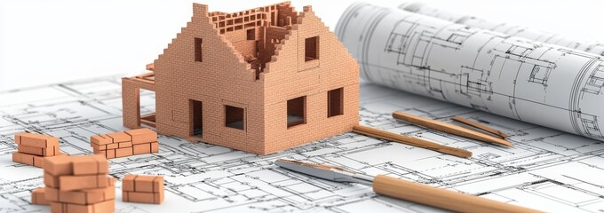Poster - A model house, bricks, and tools sit on a blueprint.