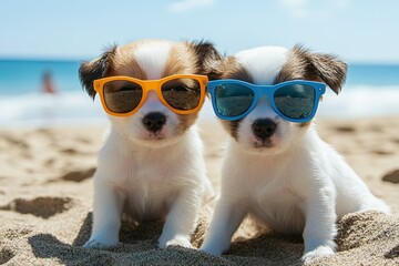 two small dogs wearing sunglasses on a beach