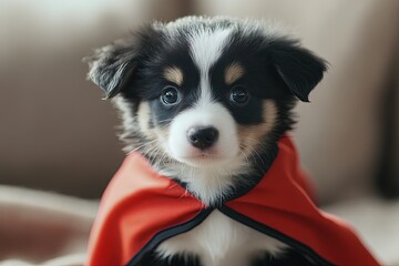 Wall Mural - a small black and white dog wearing a red cape