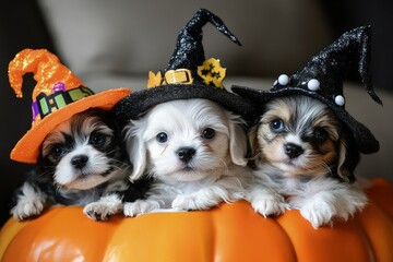 Canvas Print - a group of three puppies sitting on top of a pumpkin