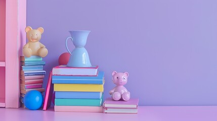 Wall Mural - Kid toys and books isolated on purple and pink background