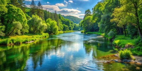 Scenic view of a flowing river surrounded by lush green trees, nature, landscape, water, forest, foliage, environment