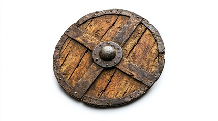 A Medieval Wooden Shield with Metal Trim and Boss