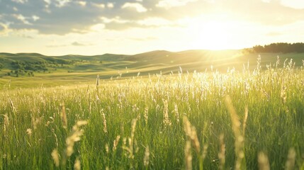 Wall Mural - Golden Meadow Sunset with Grass Blades and Rolling Hills