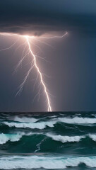 Poster - lightning flashing across stormy ocean waves background art design backdrop