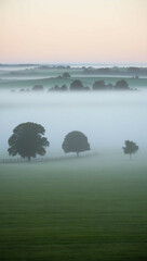 Sticker - morning fog blanketing quiet countryside fiel background art design backdrop