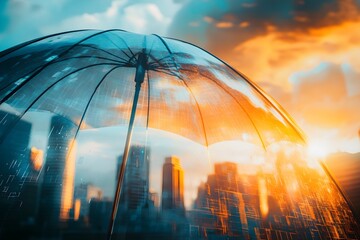 Poster - A clear umbrella is opened over a city skyline