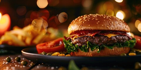 Poster - Savory Xis Burger featuring Steak, Cheese, Lettuce, Tomato, Corn, and Peas on a Serving Dish