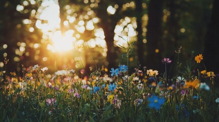 Poster - Sunset Meadow with Wildflowers and Bokeh