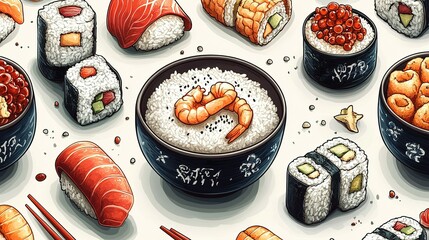 A Feast of Sushi and Shrimp with a Side of Rice