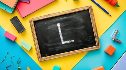 Wall Mural - Learning the letter L blackboard notebook pencil and learning accessories isolated on colorful background