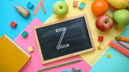 Wall Mural - Learning the letter Z blackboard notebook pencil and learning accessories isolated on colorful background