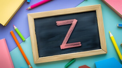 Wall Mural - Learning the letter Z blackboard notebook pencil and learning accessories isolated on colorful background