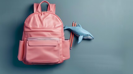 Wall Mural - leather pink shoulder backpack on gray background school ladies backpack with big whale big pencil and notebook