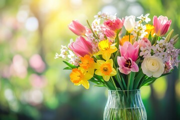 Poster - A beautiful arrangement of tulips, daffodils, and cherry blossoms brightens up a table with vibrant colors in a sunlit space. Generative AI