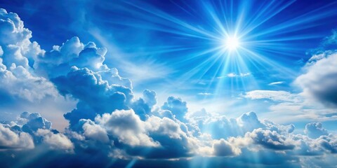 Wall Mural - blue cloudy sky with puffy clouds and amazing light shining through, resembling a picture of heaven,