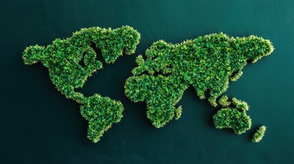 Wall Mural - Green World Map Made From Plants on Teal Background