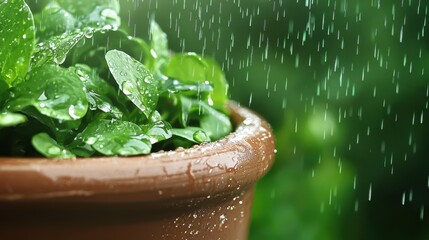 Canvas Print - Rain Drops on Green Leaves in Clay Pot