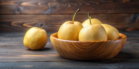 Wall Mural - Fresh Chinese pear in a wooden bowl on a background , Chinese pear, fresh, wooden bowl,background, organic, healthy, fruit, juicy