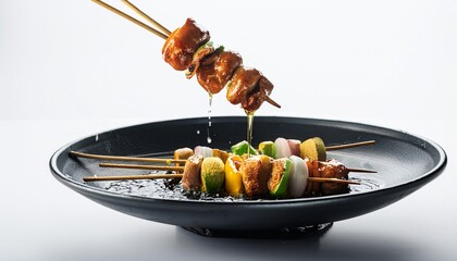 Yakitori being fried with white background isolated