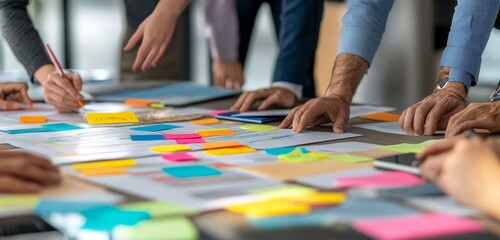 Poster - Business professionals collaborating around a table with sticky notes and diagrams, brainstorming ideas and solutions.