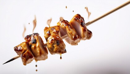 Yakitori being fried with white background isolated