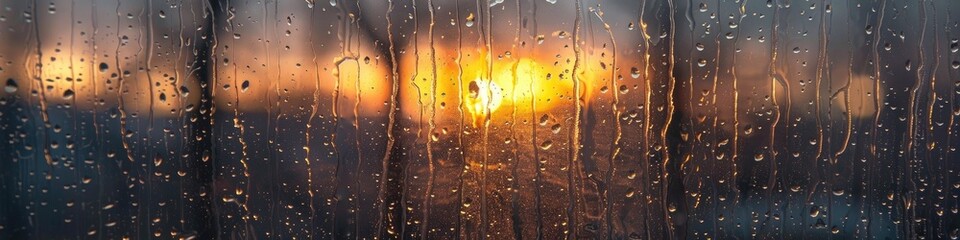 Poster - view of sunrise through a rain-drenched window.