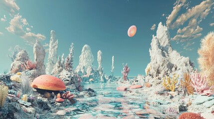 Canvas Print - Surreal Alien Landscape With Coral Reefs and a Pink Moon