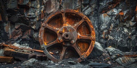 Abandoned Industrial Equipment Rusting Steel Roller Wheel from Coal Mining Industry