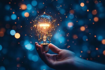 Poster - A hand holds a glowing lightbulb with a network of lines and dots forming inside, on a blue background with bokeh lights.