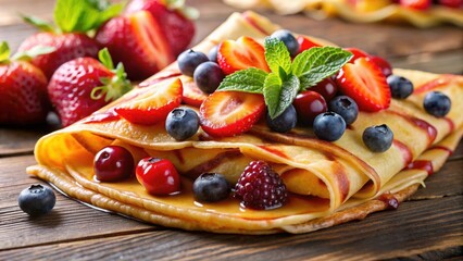 Close up of a delicious crepe with fresh fruits and syrup, crepe, food, dessert, pancake, breakfast, sweet