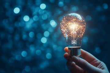 Poster - A hand holding a glowing light bulb with a network of lines inside, against a blue bokeh background.