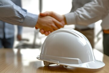 Poster - Two businessmen shaking hands in front of a white hardhat on a table.