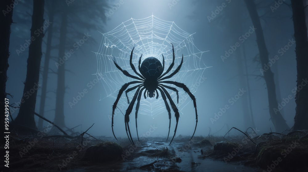 A large spider sits menacingly at the center of a glowing, mystical web ...