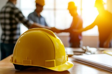 Aufkleber - A yellow hard hat rests on a table in the foreground, while a group of construction workers in the background shake hands.