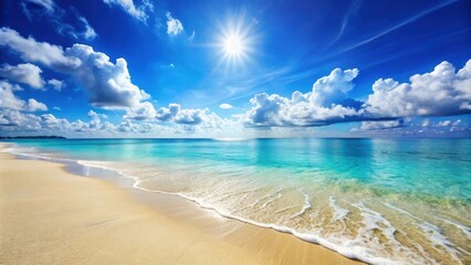 Sunny beach with clear blue sea and sky , vacation, tropical, ocean, sand, paradise, relaxation, horizon, waves, summer