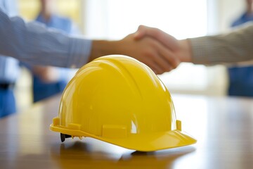 Poster - A yellow hard hat sits on a table in the foreground, while two people shake hands in the background.