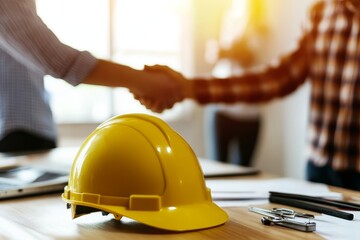Poster - A yellow hard hat on a wooden table, with a blurry image of two people shaking hands in the background.