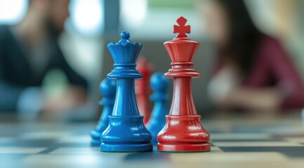 A red and blue chess piece in the foreground, on an office desk with two people working behind it, out of focus.