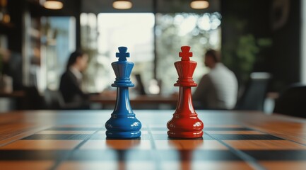 A red and blue chess piece on the board, symbolizing competition between two business people in an office setting with blurred figures of men and women working behind it.