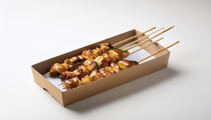 Yakitori in delivery box with white background isolated