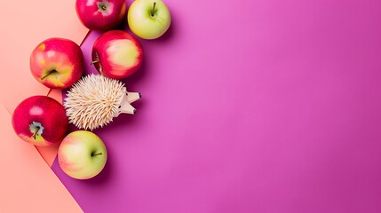 Wall Mural - Minimalistic flat lay with a wooden toys hedgehog with colorful apples isolated on purple and pink background