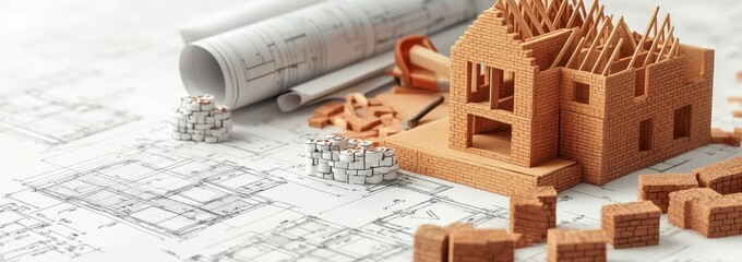 Poster - A miniature wooden model house under construction with blueprints, and building materials scattered around it.