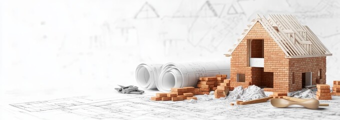 Poster - A miniature brick house under construction with blueprints and tools on a white background.