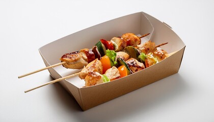 Yakitori in delivery box with white background isolated