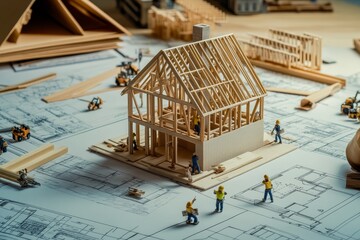 Poster - Miniature wooden house frame with construction workers on blueprint.