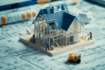 Poster - Miniature house model with construction workers and blueprints, representing the process of building a new home.